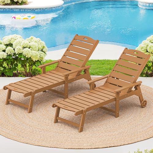 LUE BONA Outdoor Chaise Lounge Chairs Set of 2, HDPS Chaise Lounger, 5 Positions Adjustable Lounge Chairs, Pool Lounge Chair with Wheels for Poolside, Patio, Restaurant, 3 Year Warranty, Teak Color