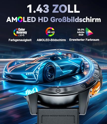 GPS Smartwatch Herren mit LED Taschenlampe,1.43‘’Amoled Display,Fitnessuhr mit 530 mAh Große Batterie,10ATM Wasserdicht,120+ Sport Modi,Herzfrequenz/Schrittzähler/Höhenmesser/Kompass für iOS Android – Bild 5