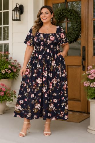 Image of RITERA Plus Size Dresses for Curvy Women Square Neck Short Sleeve Summer Floral Smocked Maxi Dress with Pocket XL-5XL