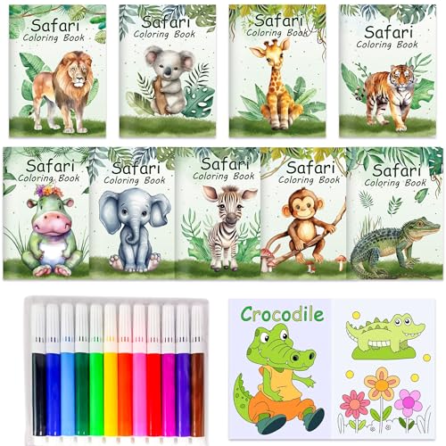 Mini libri da colorare Bulk Jungle Safari Animali Riempitivi per feste con penne Piccoli libri di attività con elefante, leone, zebra, giraffa, bomboniere, forniture di compleanno