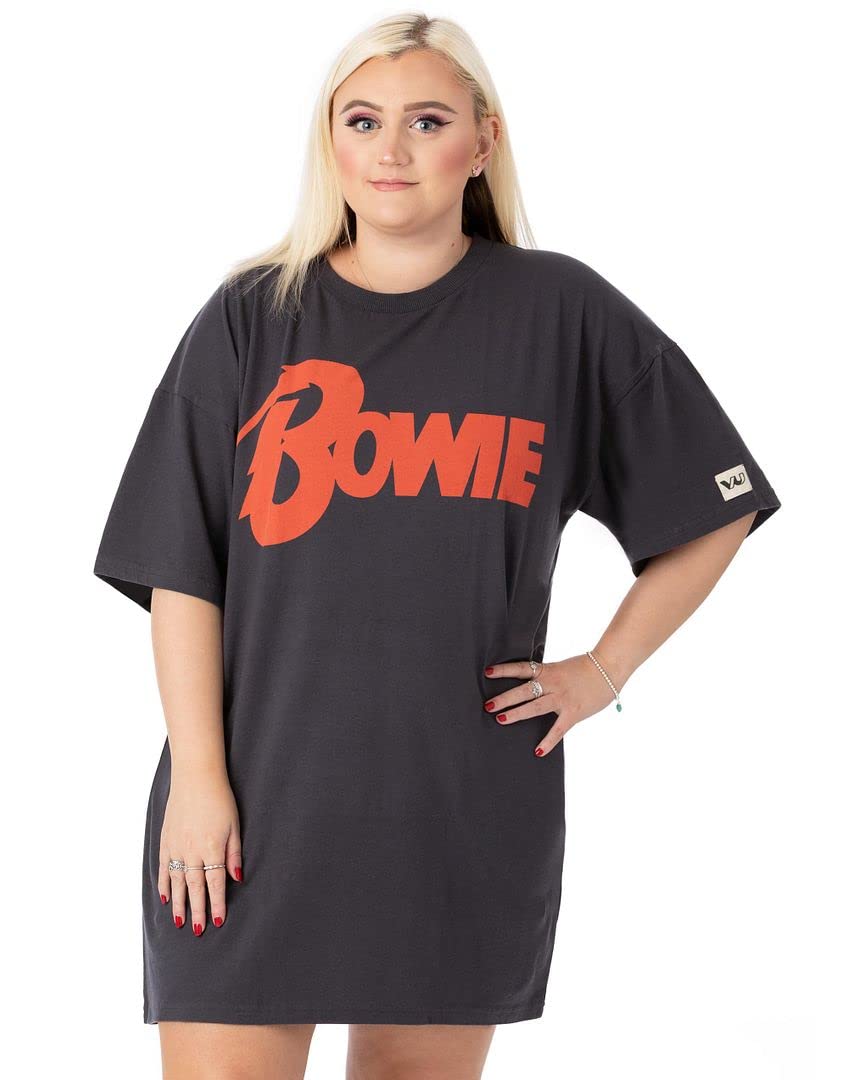 David BowieWomens T-Shirt Dress Charcoal Grey with Classic Band Logo  Oversized Graphic Tee for Ladies Rebel Rebel Song Album Outfit Pop Rock
