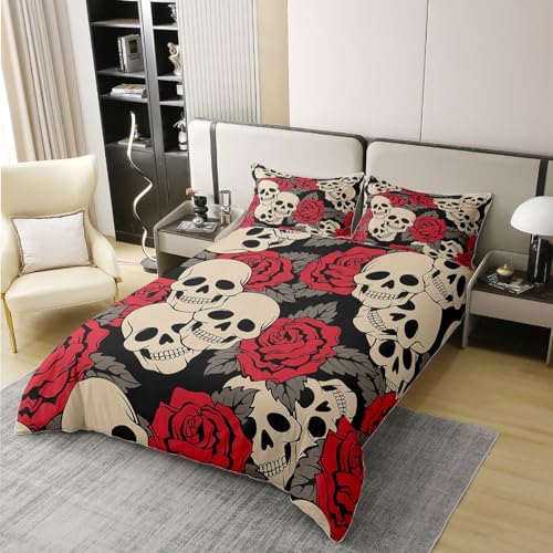 Sugar Skull 100% Cotton Duvet Cover Double,Red Floral Comforter Cover,Gothic Skull Print Bedding for Kids Boys Girls Teens Adult,Horror Skeleton Bones Quilt Cover with 2 Pillow Cases Halloween Decor - Image 3