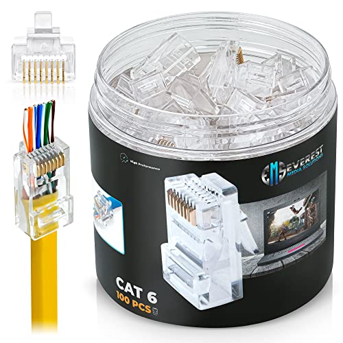 Everest Media Solutions Cat6 RJ45 Pass Through Connectors - Pack of 100 | Modular Plug for Solid or Stranded UTP Ethernet Cable