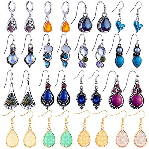 16 Pairs Teardrop Crystal Drop Dangle Earrings for Women Vintage Multicolor Boho Hoop Earrings Colorful Hook Dangle Earrings Valentine's Day Jewelry for Girls