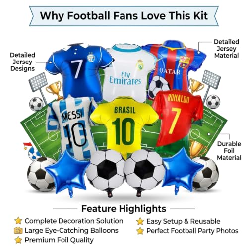 Image of Atpata Funky Football Lovers Foil Balloons Kit - 6pcs Jersey Shape Balloons with Football & Star Balloons for Soccer Birthday Kickoff, Match Day Decor & Sports Fan Celebration Supplies
