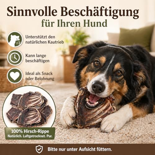 mascota vital - Hirschrippen für Hunde – 100 % natürlich & getreidefrei – Kausnack mit Fleisch & Knochen – Wild-Snack ohne Zusätze – langanhaltender Kauspaß für Allergiker & Sensible Hunde