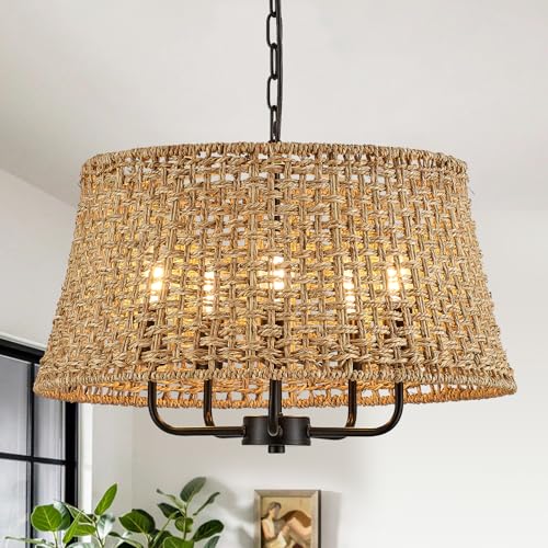 Image of 19.7 inch Boho Rattan Chandelier, 5-Light Black Wicker Light Fixture