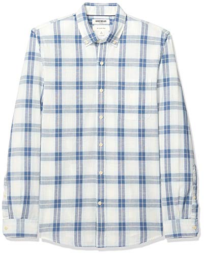 Amazon Brand - Goodthreads Men's Slim-Fit Long-Sleeve Chambray Shirt, White Light Blue Plaid, X-Small