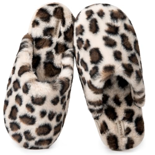 Snug Leaves Women's Fuzzy Scuff Slippers Soft Comfy Memory Foam Non-slip Indoor House Shoes (Cheetah Beige, Size 7-8)