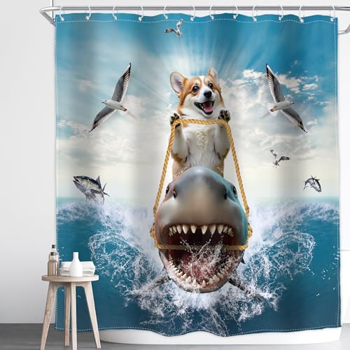 Image of Funny Dog Corgi Ocean Shower Curtain Riding Shark 72Wx72H Inch Decor
