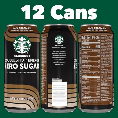Image of Starbucks Doubleshot Zero Sugar Coffee Energy Drink, Dark Chocolate, 15 fl oz Cans, (12 Pack), Zero Sugar, B Vitamins, Ginseng, Guarana, Iced Coffee Drink