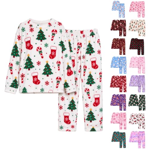 Flannel Christmas Pajama Sets for Women Xmas Print Soft Fleece Loungewear | 2 Piece Fuzzy Christmas Pajama Set, Tree Candy Cane Print, Long Sleeve Shirt, Pj Pants, Fuzzy Plush Warm, Fall Winter Clothes