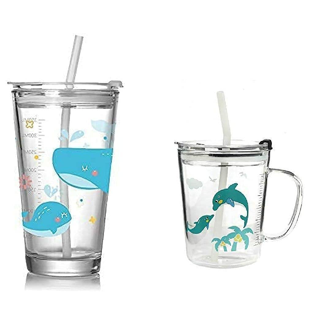 KHOLAD Printed Glass Coffee Mug with Lid & Straw Home Milk Juice Tea Multipurpose Drinking Glass Measuring Cup Travel Sipper Mug Drinking Glass Cup Tumbler 400 and Kids Mug 350 ml -(Pack of 2) (B0C61RTFLG) Amazon Price History, Amazon Price Tracker