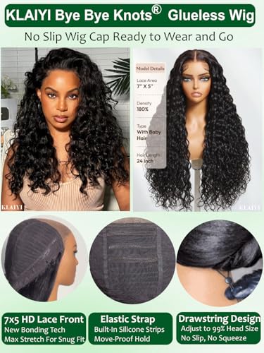 Image of KLAIYI Bye Bye Slip Water Wave 7X5 Precut Lace Front Human Hair Wig Drawstring Glueless 3S Ready to Wear and Go Wig with Baby Hair Pre Plucked Bleached Bye Bye Knots Curly Wig 180%Density Full 28Inch
