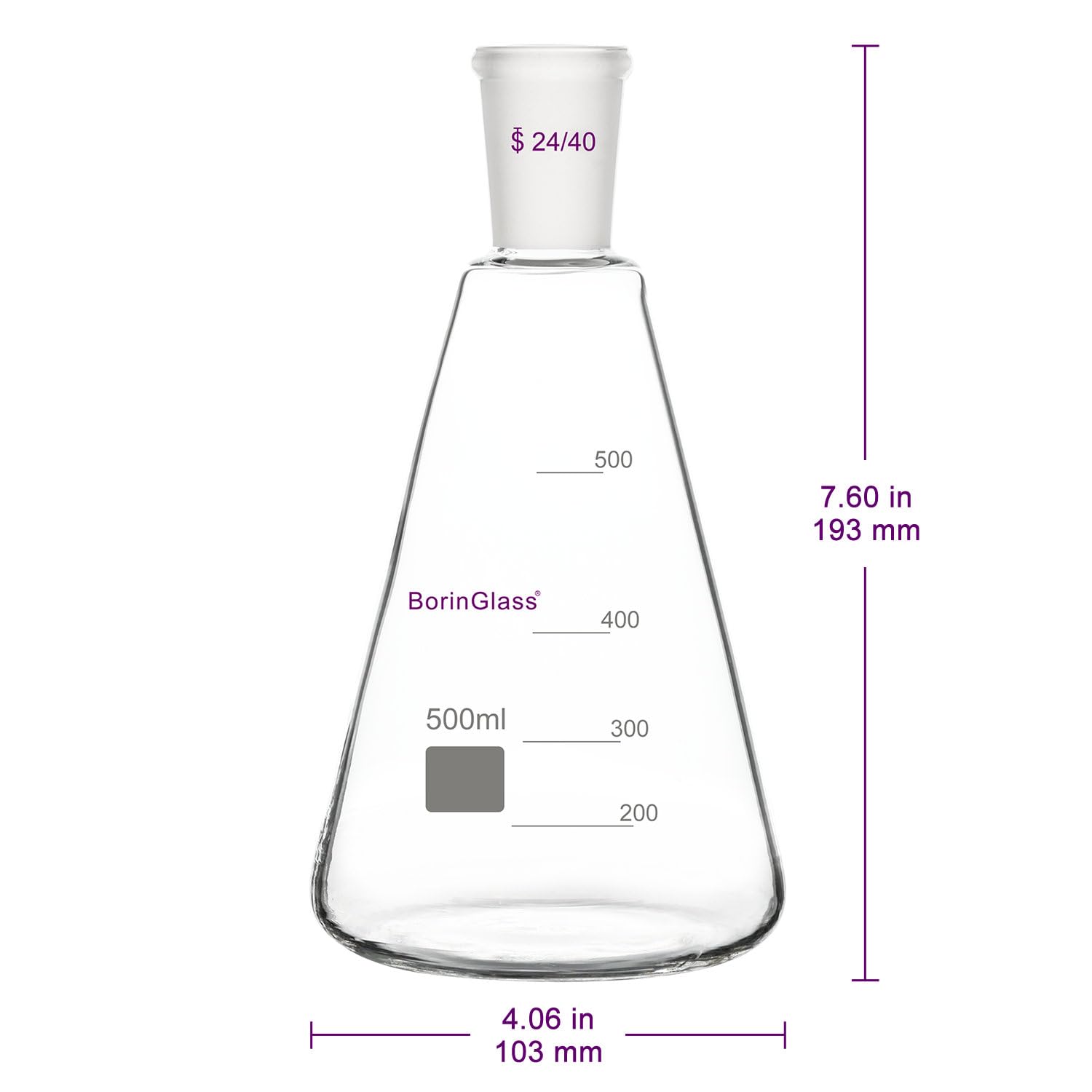 BorinGlass Erlenmeyer de vidrio borosilicato 500 ml con junta 24/40