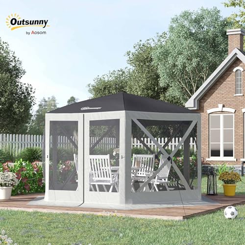 Outsunny 12' x 12' Hexagon Automatic Pop Up Screen Tents Camping Shelter Picnic Canopy Outdoor Sun Shade w/Mesh Sidewalls and Carry Bag Grey image 6