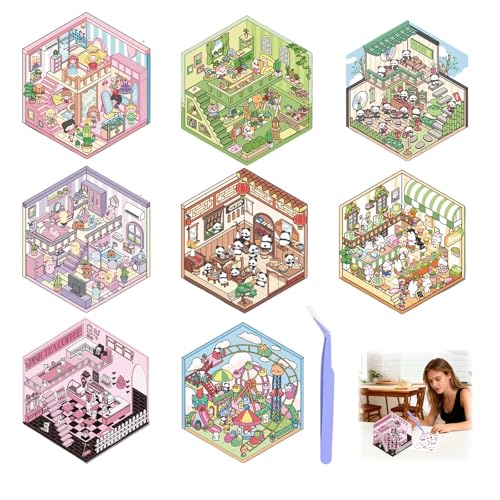 adesivi scena 3D miniatura casa 8 set con pinzette, adesivi fai da te per adulti e bambini, decorazioni creative piccola casa libro scena, antistress attività manuale
