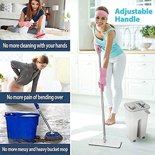 Image of Heavy Quality Floor Mop with Bucket, Flexible Kitchen Tap Flat Squeeze Cleaning Supplies, 360 Flexible Mop Quiet, 2 Reusable Pads, Microfiber, Adjustment Office Home, Room (White)