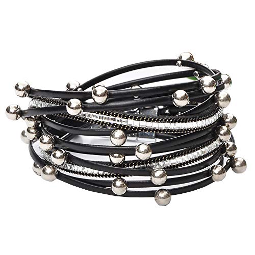 Preisvergleich Produktbild Cheerlife Mehrschichtig Leder Wickelarmband künstliche Perlen Mädchen Damen Party Kleid Zubehör Magnetverschluss Armband (Schwarz)