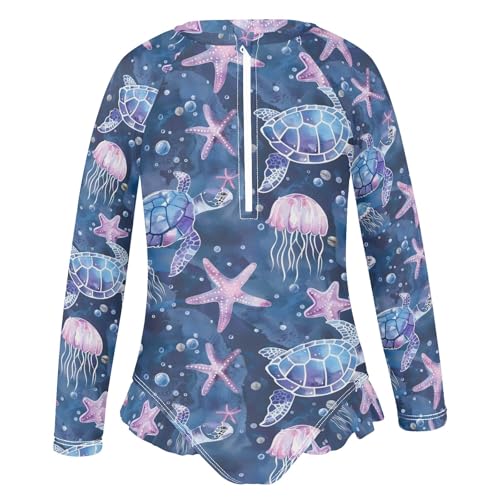 Sea Turtle Starfish Girls One Piece Rash Guard Swimsuit, Girls Long Sleeve Swimwear for 3-12Y2