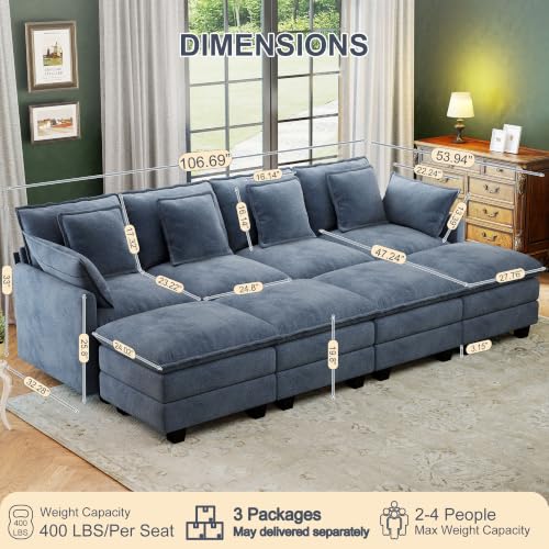 Image of 107 inch Cloud Couch Sectional Modular Sofa, Deep Seat Couches with Ottoman and Removable Washable Pillows for Living Room, Bedroom, Apartment, Blue