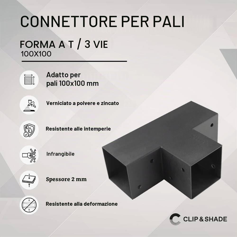 CLIP'N'SHADE Connettore a T per montaggio a parete a T per baldacchino da 100 x 100 mm, travi in legno – acciaio nero zincato e verniciato a polvere | Connettore angolare per pali | staffa di