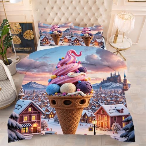 ZZXHG Edredón Matrimonio Estampado 3D | Helado Rosa, Nórdico Reversible de 4 Estaciones, Lavable, Incluye 2 Fundas de Almohada 50x75 cm, para Cama de 105 cm
