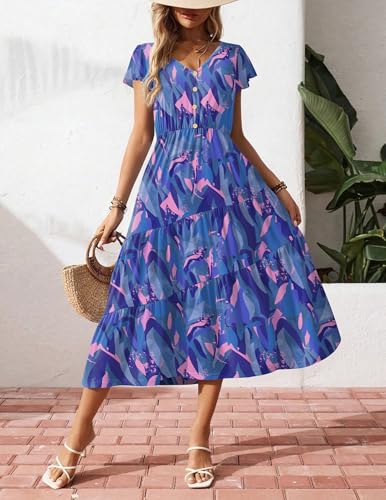 Image of Zeagoo Women's Summer Casual Dress Flutter Short Sleeve V Neck Button Down Tiered Flowy Long Dress with Pockets