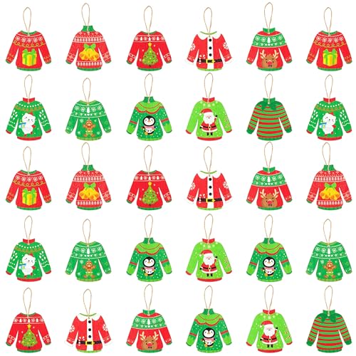 Haooryx Christmas Sweater Hanging Ornaments - 31Pcs Ugly Sweater Wooden Craft Cutouts Christmas Tree Decoration Pendant Tag Ropes Winter Holiday Xmas Party Favor Decor