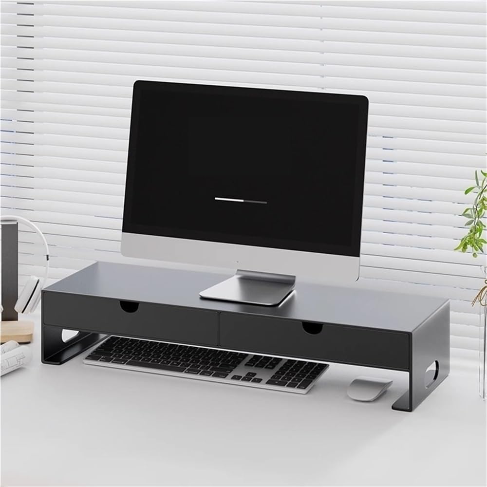 Supporto per monitor del computer desktop, in metallo, con 2 cassetti, moderno supporto per laptop, per appartamento, camera da letto e ufficio (nero, 50 cm)