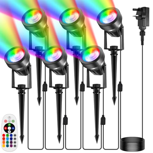 ILIKEPOW 6-in-1 RGB Garden Spotlights Mains Powered, IP65 Waterproof Landscape Spot Lights Colour-Changing LED Outdoor Spike Lights with Remote & Adapter 33.5FT Cable for Lawn, Pathway, Yard Decor