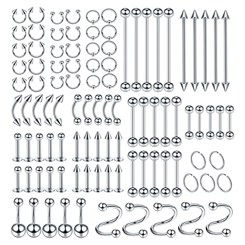ChiMunllin 100PCS Piercing Kit Jewelry 14G 16G 20G Nose Rings Lip Studs Tongue Rings Stainless Steel Cartilage Earrings Tragus Eyebrow Industrial Barbell Belly Rings Body Piercing Kit Jewelry