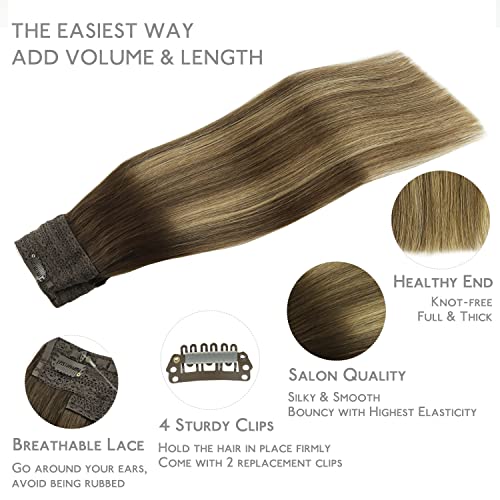 Image of WENNALIFE Wire Hair Extensions Real Human Hair 20 inch 140g Balayage Chocolate Brown to Caramel Blonde Remy Real Hair Extensions Invisible Wire Human Fish Line