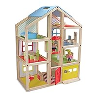 Melissa & Doug Hi-Rise Wooden Dollhouse with 15 pcs Furniture - Garage and Working Elevator