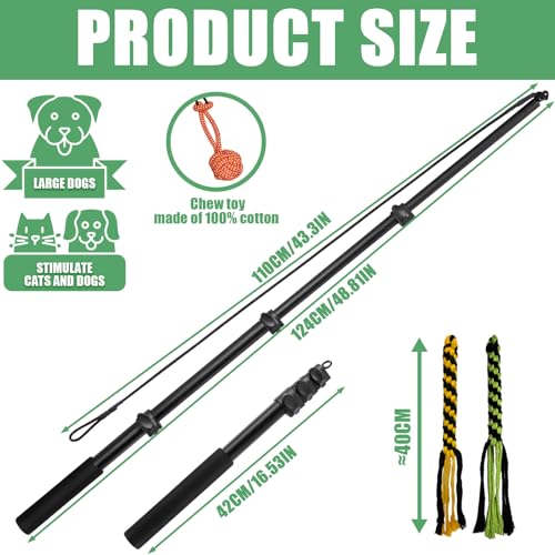 Reizangel Hunde Große Hunde, Profi Reizangel für Hundes längenverstellbar 124cm für Längenverstellbar mit 2 Seil Spielzeug, Hundespielzeug Ausziehbar aus Aluminiumlegierung Für Mittlere & Große