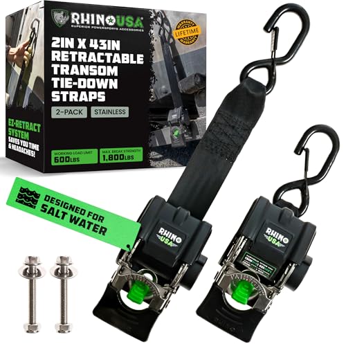 Image of Rhino USA Retractable Boat Transom Straps (2-Pack) - Saltwater Compatible | 2in x 43in Trailer Mount Straps for Boat, Jet Ski. Durable Powder Coated Steel, Retractable Design, Rust-Resistant.