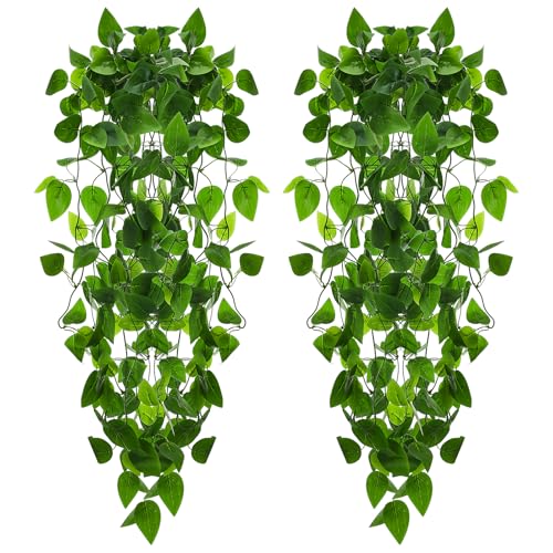 Plantas colgantes artificiales, 2 plantas colgantes falsas, enredaderas artificiales para colgar en la pared de la boda, casa, habitación, oficina, patio, estante, decoración interior y exterior (sin