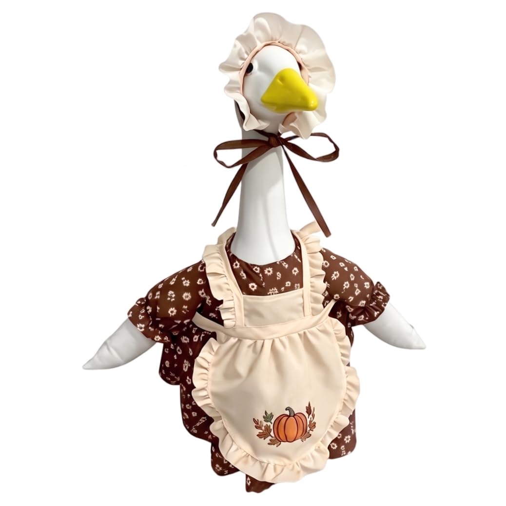 Striegro Thanksgiving Halloween Fall Porch Geese Outfit Fits 23'' Lawn Goose Statue Fall Pumpkin Dress with ''happy Thanksgiving'' Apron & Bonnet Costume for Autumn Yard, Patio Garden Decor
