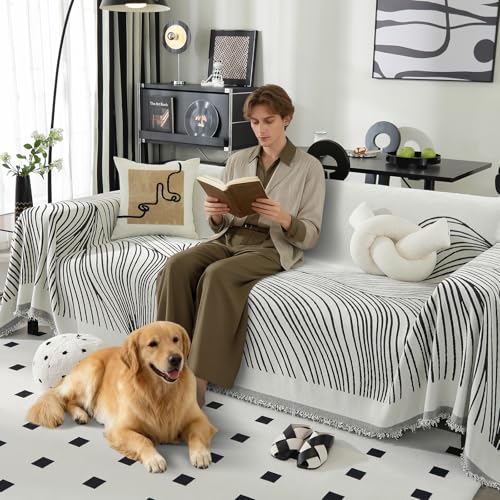 VFGFDJNDFX Chenille Funda Puff, Reversible Fundas de Sofa Anti Gatos Antideslizante Manta Cubre Sofa Protector Foulard Sofa Antipelos Mascotas (Line - Black, 90 * 90cm)