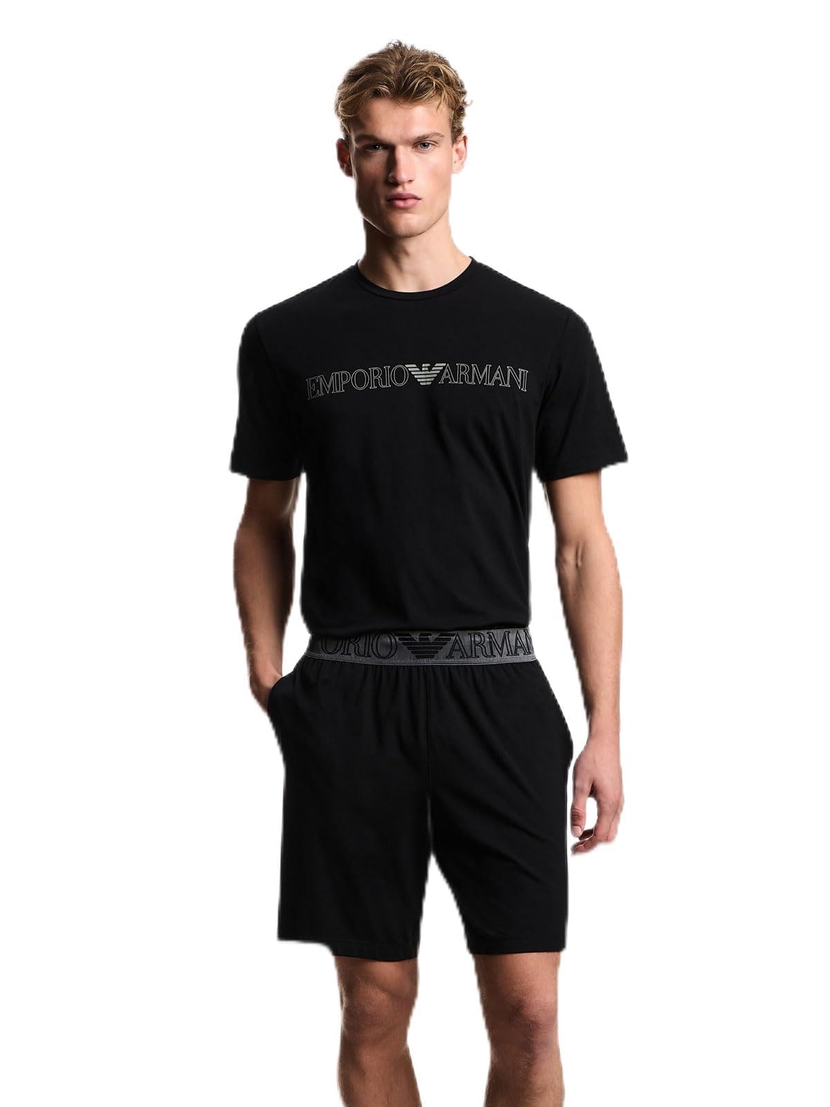 EMPORIO ARMANI Herren T-Shirt+Shorts Pyjama Pyjamaset, Schwarz, S