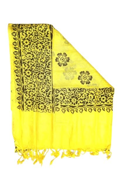 Image of Women's Dupatta | Yellow with Dark Floral Block Print | Lightweight Scarf with Tassel Fringe