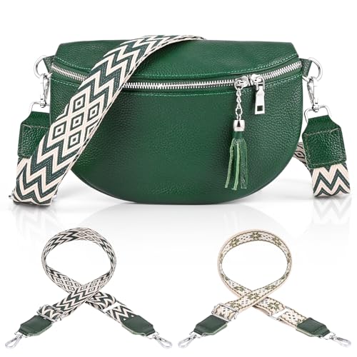 Bolso Riñonera Mujer, Gerbala Bolso Bandoler Cuero Piel Sintética Negra con Ranura para Tarjeta de crédito y 2 Correas de Hombro Verde