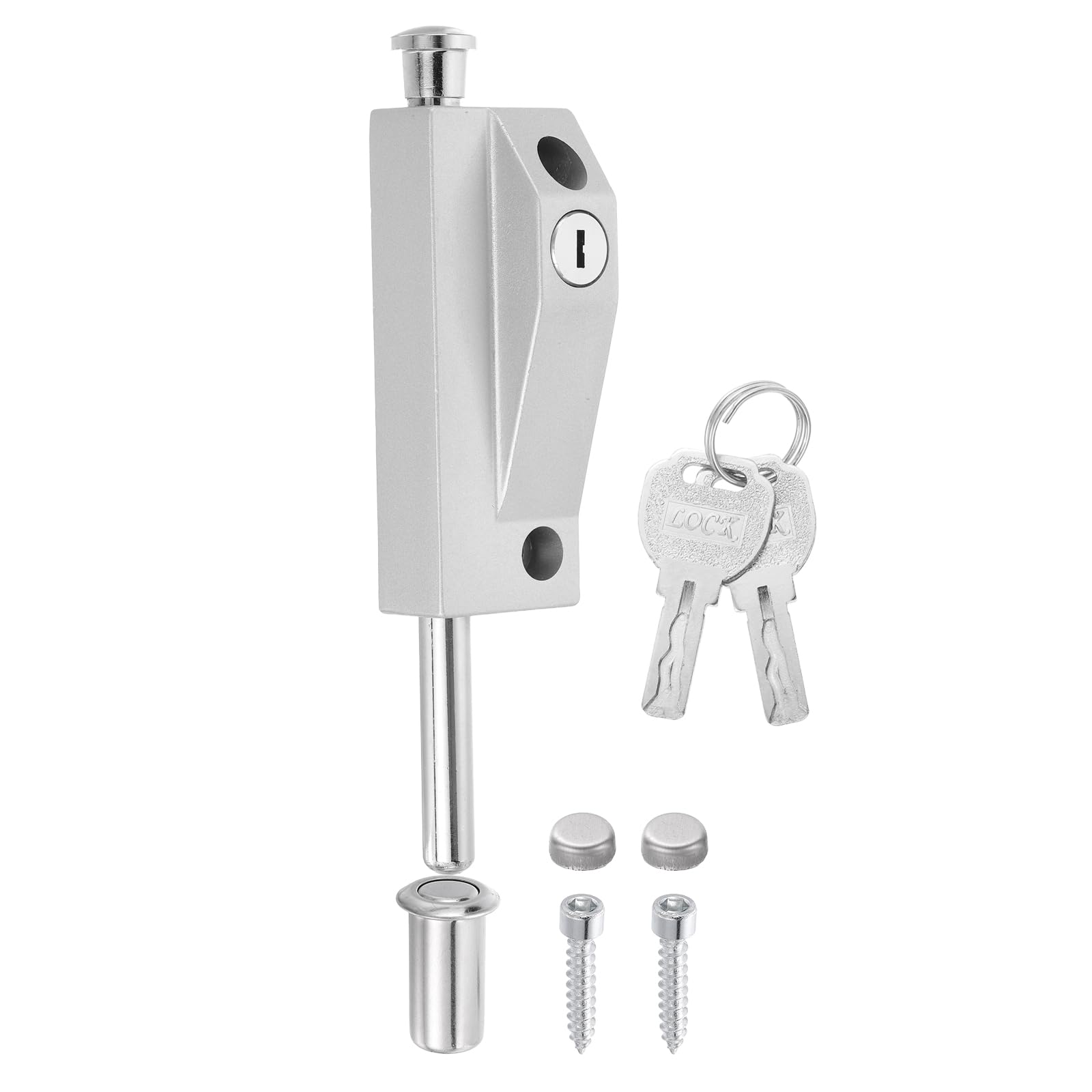 sourcing map Spring Loaded Latch Pin, Sliding Barrel Bolt Door Lock Heavy Duty Vertical Latch Door Lock Cane Bolts with Keys for Glass Gate Window Garage Barn [1Pcs, Silver]