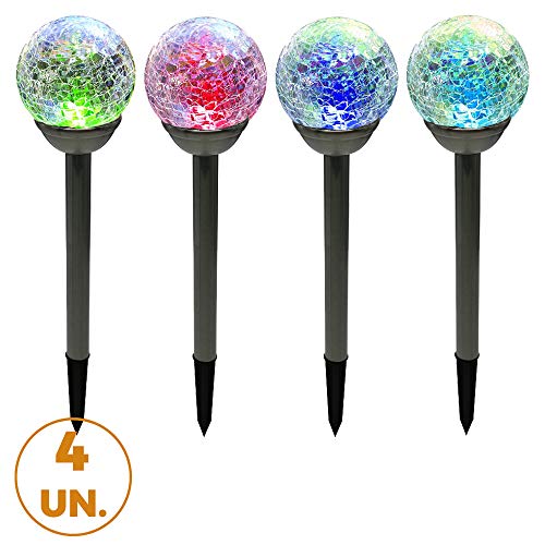 Kit 4 Luminária Solar Poste Globo Inox Jardim Led Colorido