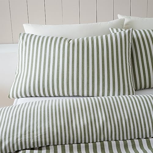 Catherine Lansfield Brushed Cotton Stripe Reversible King Duvet Cover Set with Pillowcases Green - Image 3