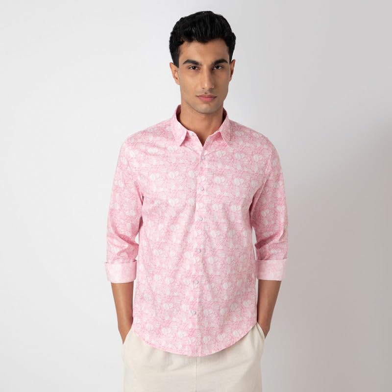 Image of MARK & ALBERT Men's Printed Full Sleeves Regular Fit Shirt Blue | 100% Cotton Stretchable Fabric