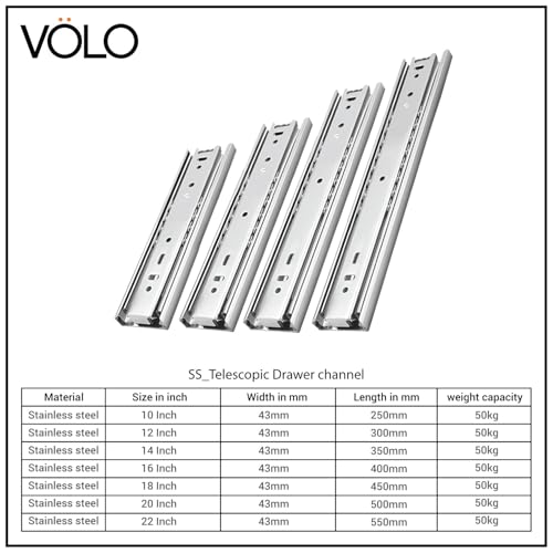 Image of Volo Heavy Duty Drawer Slides, Full Extension Ball Bearing Runners | Pack of 2 Piece | Channels for Kitchen Cabinets, Wardrobes, and Dressers (Stainless Steel, 18 Inch)