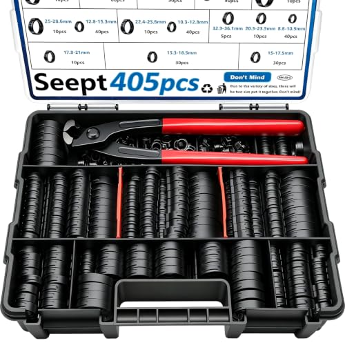 405Pcs 15-Sizes 304 Stainless Steel Black Single Ear Hose Clamps with Ear clamp plier 5.3-36.1mm Crimp Hose Clamps for Auto/Home Appliance/Pipe/Fuel Line