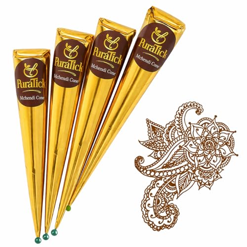 PuraTick 4 Pcs Henna Mehndi Cones Dark Brown Mehndi | All Natural Body Art Organic Herbal Temporary Tattoo | Ready to Use Henna | Pack of 4