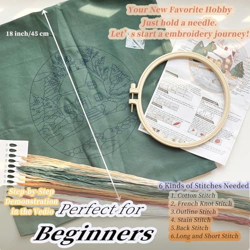 Image of FONNUY Christmas Embroidery Kit for Beginners, Throw Pillow Case Cross Stitch Set Winter Snow House Holly Tree Pattern for Adults, Hand Works Crafts Throw Pillow Cover, 18 x 18'' (Green)